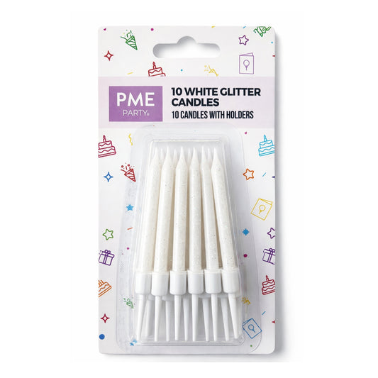 Candles- White Glitter with Holders 10pk