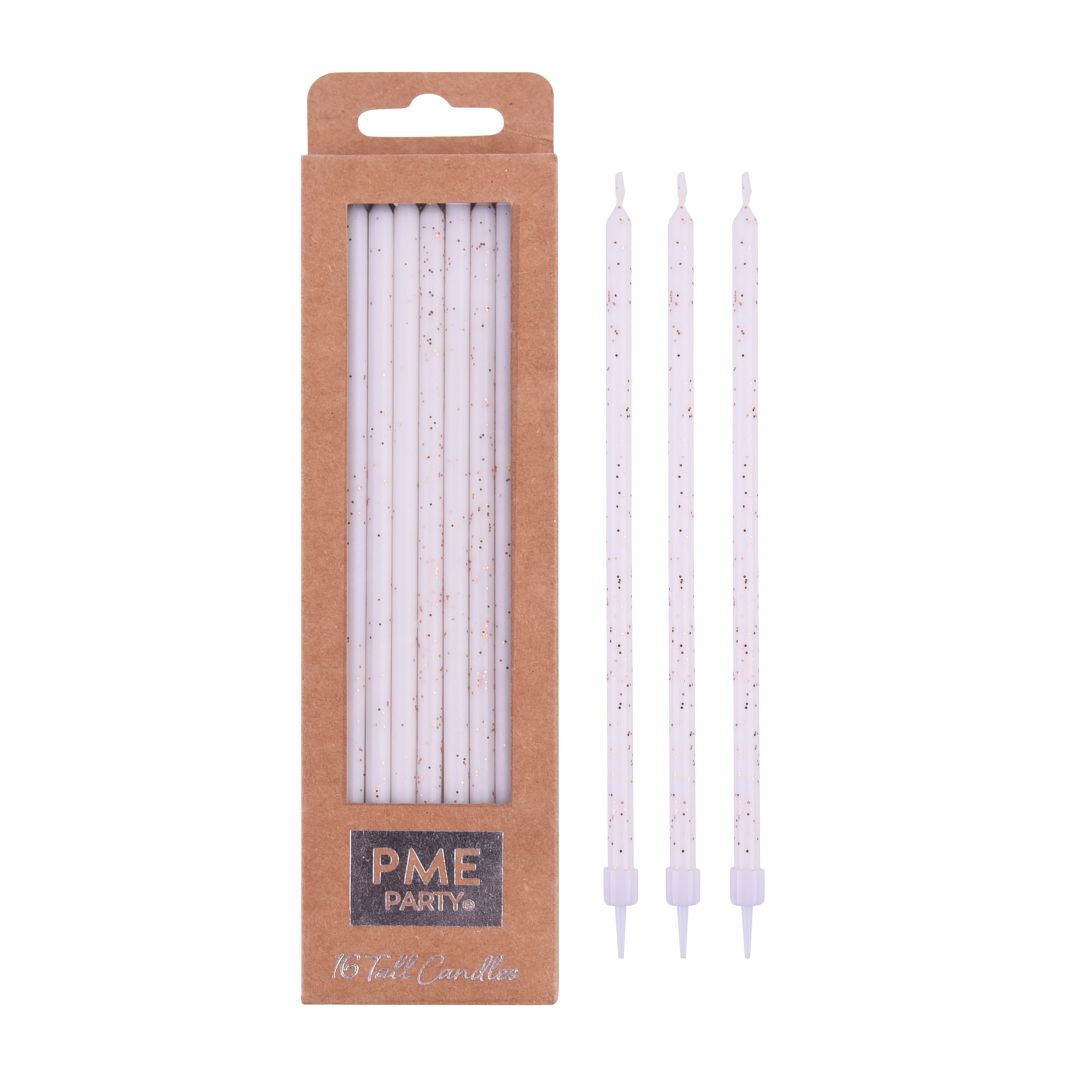 Candles - White with Gold Glitter Extra Tall 16pk