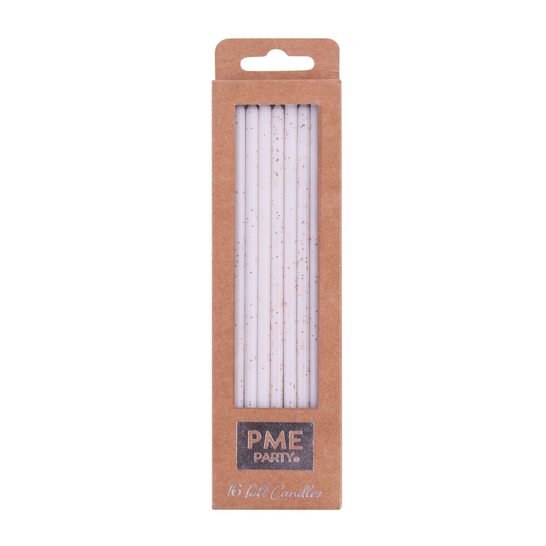 Candles - White with Gold Glitter Extra Tall 16pk