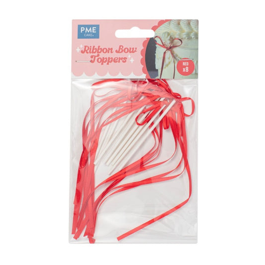 Ribbon Bow Cake Toppers – Red 8pk